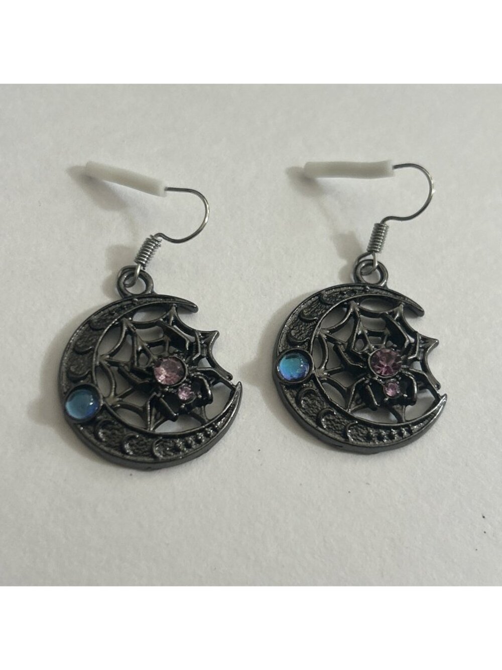 Boutique Witchy Goth Rave Punk Half Moon w/ Spider in Web Dangle Earrings
